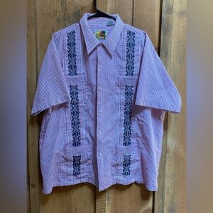 Haband Guayabera Shirt XL Red White Striped Embroidered Short Sleeve Cuban Style
